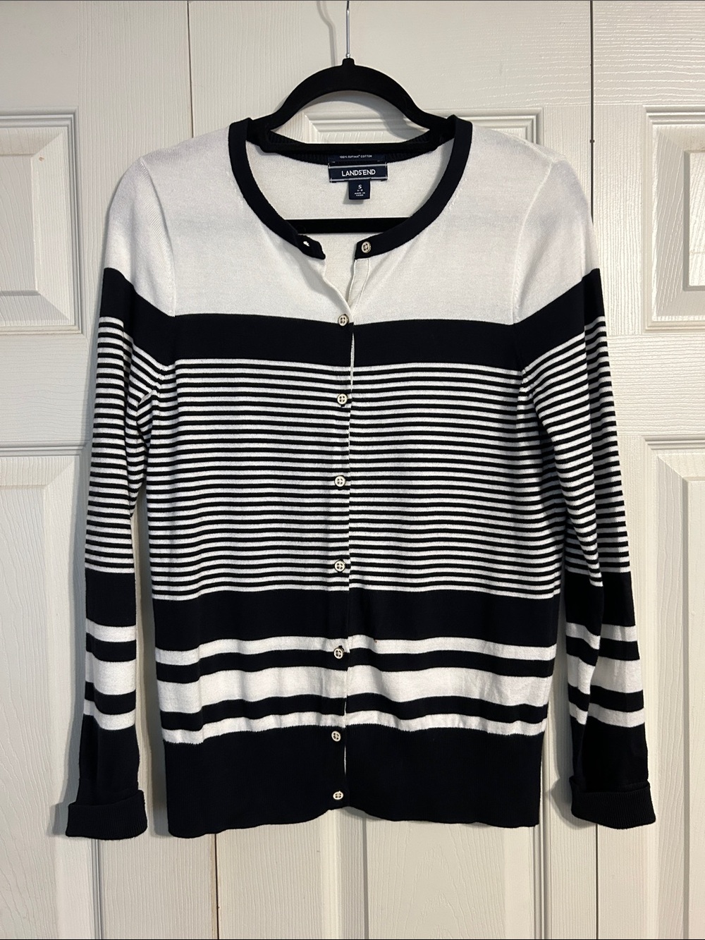 Lands' End Navy Blue White Striped Button-Front Cardigan Small Cotton Nautical